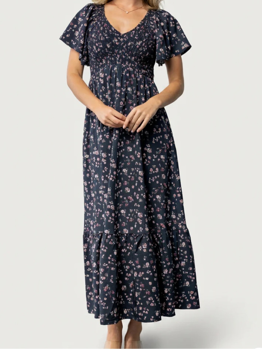 NEW Baltic Born Jerah Smocked Dress Midi Midnight Floral Navy Blue Flowy Medium